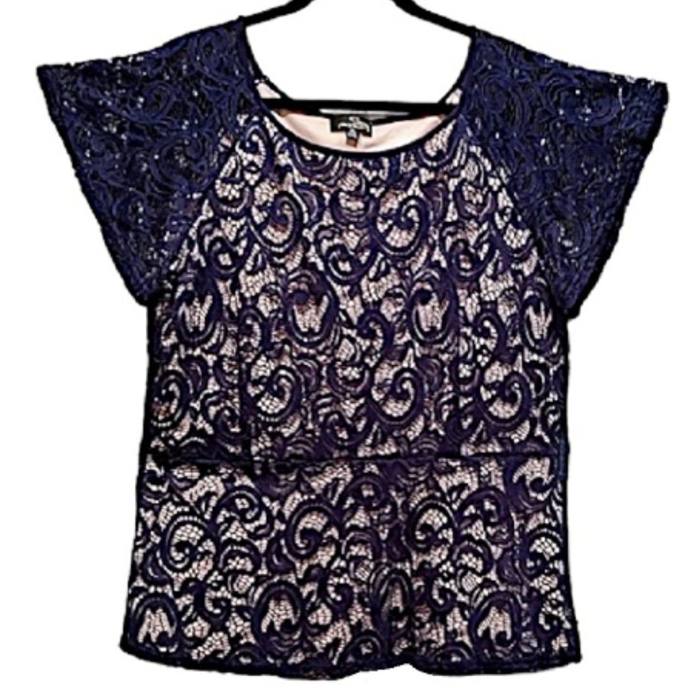 Suzanne Betro Navy Blue Lace Lined Peplum Top Sz XL